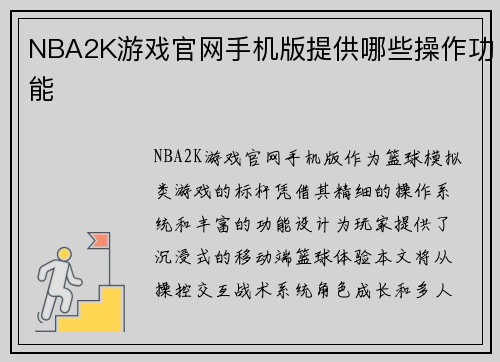 NBA2K游戏官网手机版提供哪些操作功能