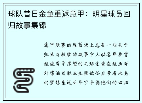 球队昔日金童重返意甲：明星球员回归故事集锦